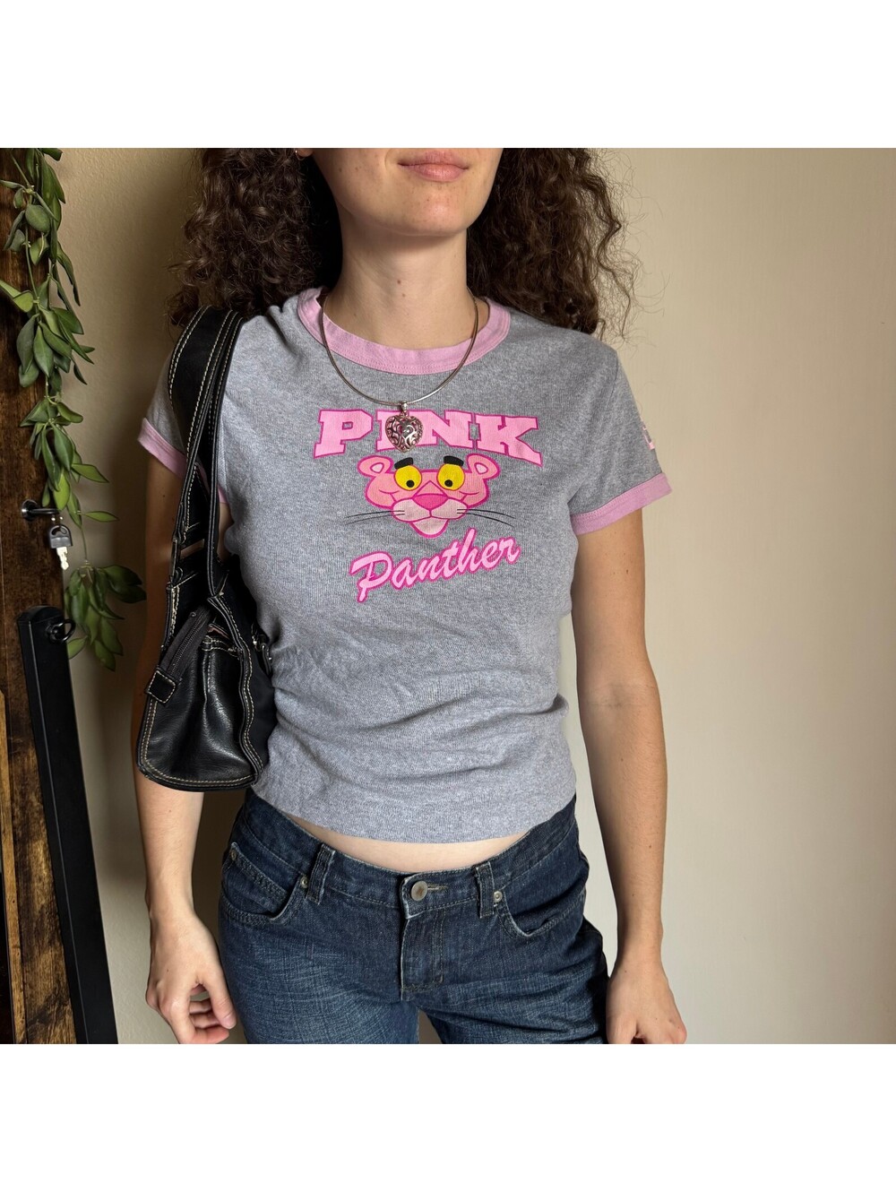 Vintage 2000s Pink Panther Gray Pink Ringer Baby Tee Retro Graphic T-Shirt